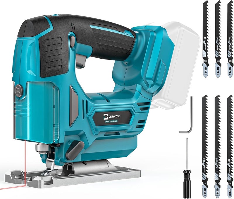 Cerycose Jig Saw Compatible with Makita 18V Battery, Laser Guide Cordless Jigsaw Tool, Brushless Motor, Variable Speed, 45° Bevel Angle Cut, LED Light, 3 Orbital Sets, 6PCS Blades (No Battery) - Image 1